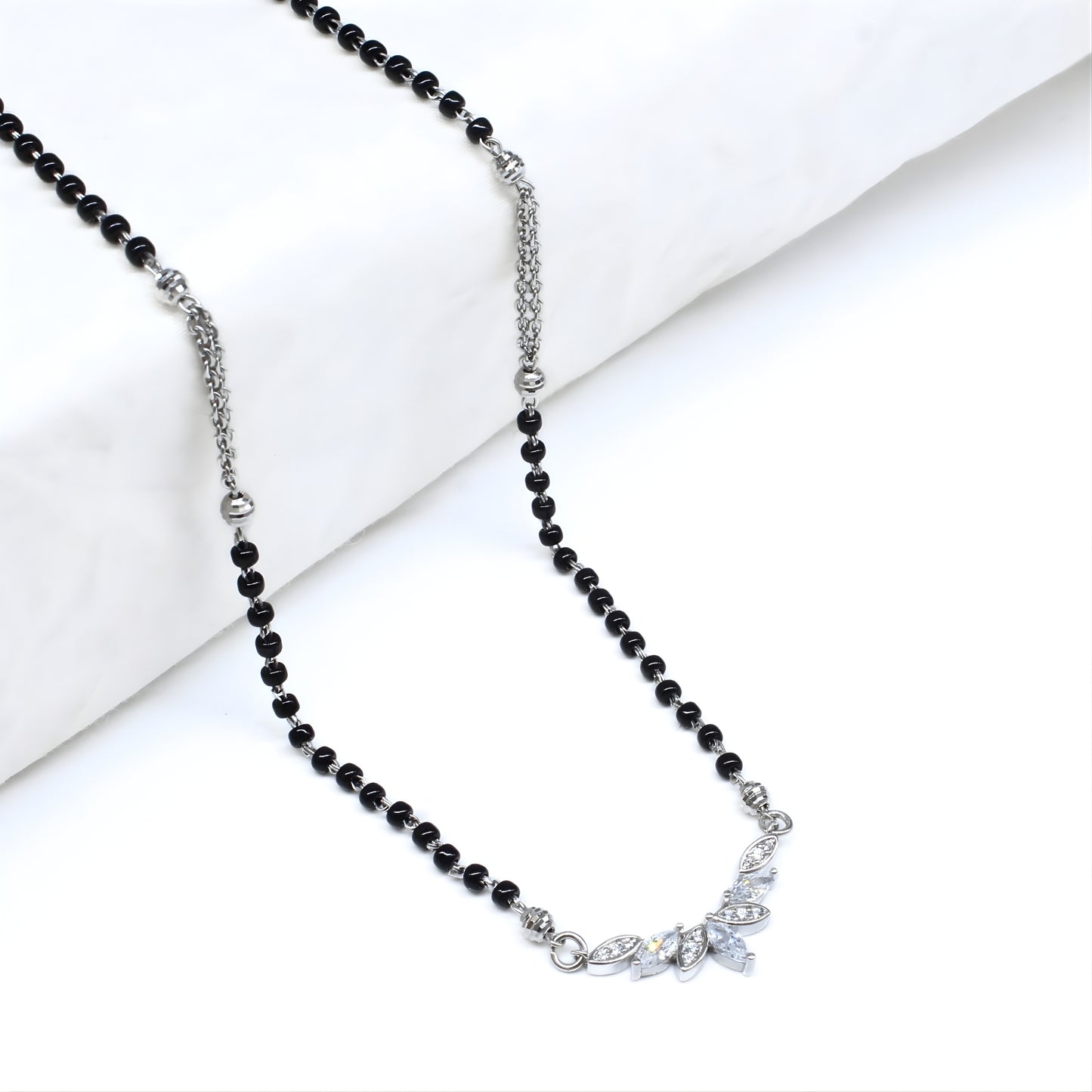 Stylish 925 Real Sterling Silver Black Beads Floral Leaf CZ women Mangalsutra