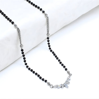 Stylish 925 Real Sterling Silver Black Beads Floral Leaf CZ women Mangalsutra