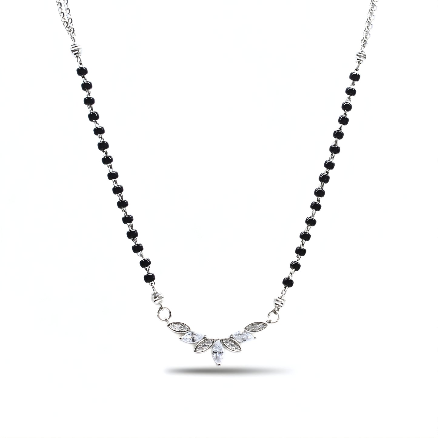 Stylish 925 Real Sterling Silver Black Beads Floral Leaf CZ women Mangalsutra