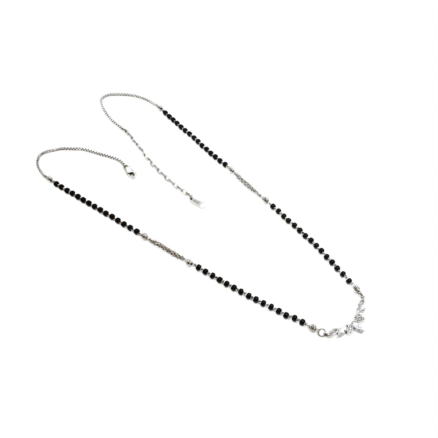 Stylish 925 Real Sterling Silver Black Beads Floral Leaf CZ women Mangalsutra