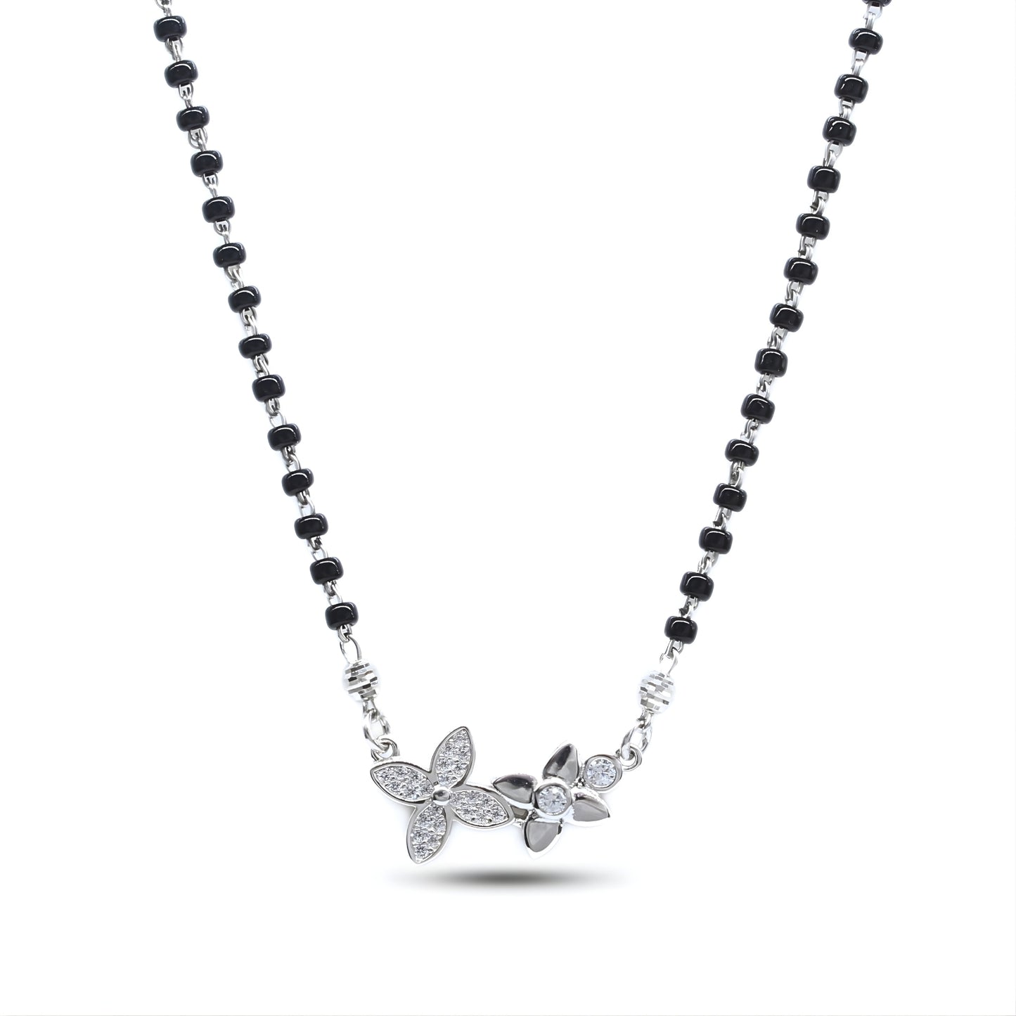 Latest design 925 Sterling Silver Flower CZ Mangalsutra Black Bead Necklace