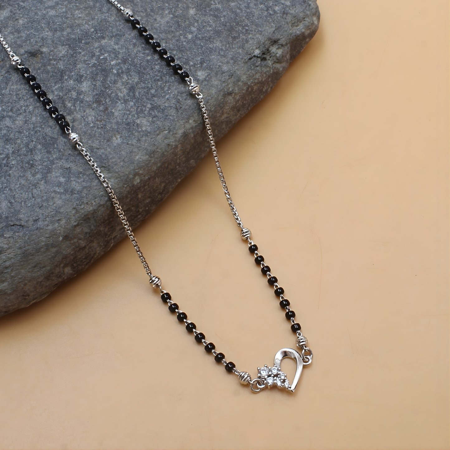Trendy 925 Sterling Silver CZ Sweetheart Mangalsutra Bead Necklace