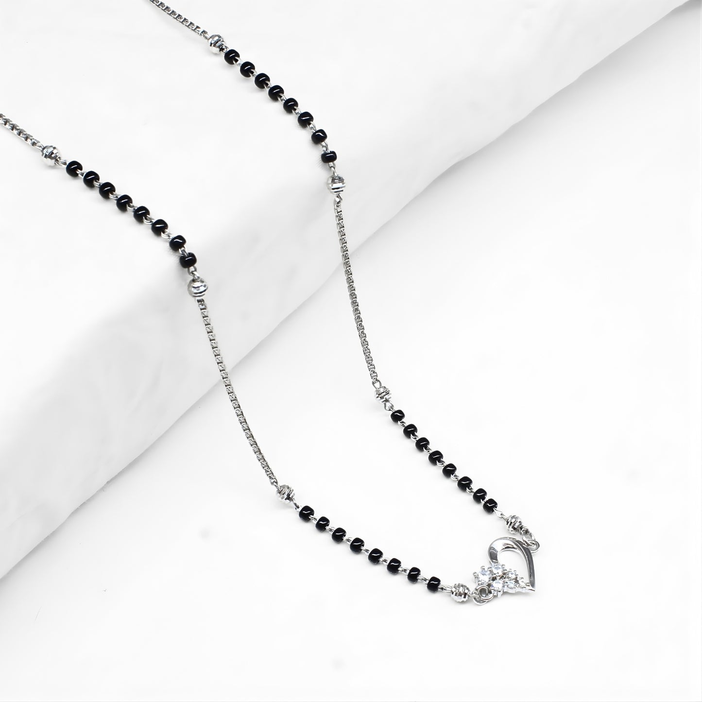 Trendy 925 Sterling Silver CZ Sweetheart Mangalsutra Bead Necklace