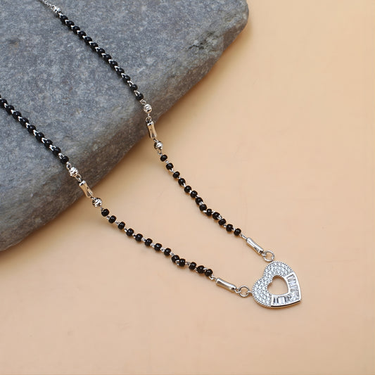 Cute 925 Sterling Silver CZ Heart  Black Beads Mangalsutra women chain for wife