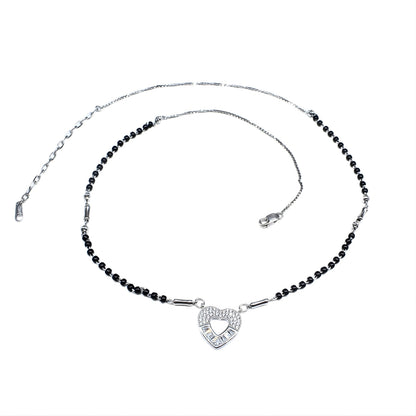 Cute 925 Sterling Silver CZ Heart  Black Beads Mangalsutra women chain for wife
