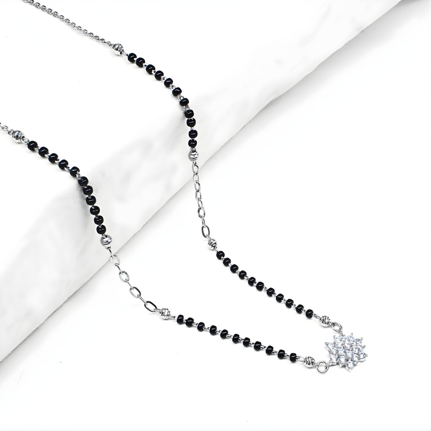 925 Real Sterling Silver Black Beads Flower Adjustable Elegant Mangalsutra women chain for wife