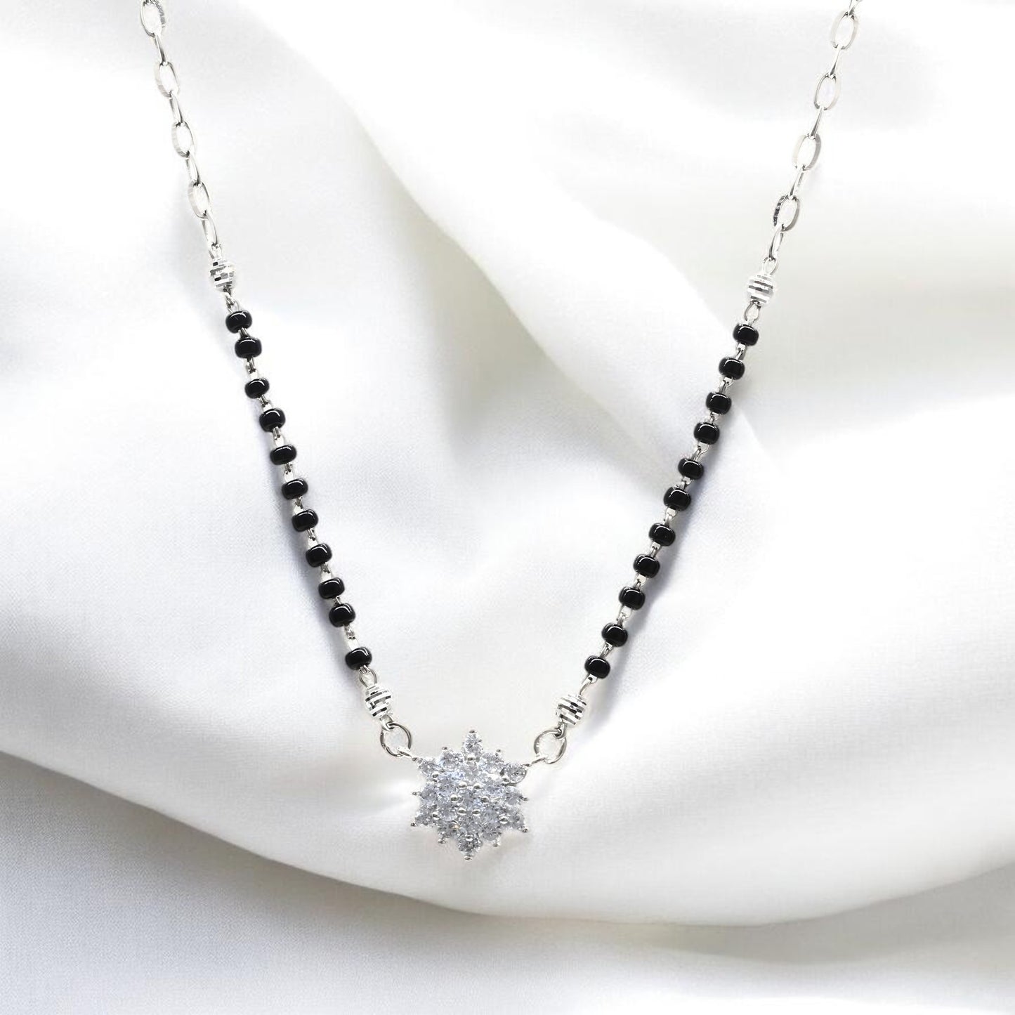 925 Real Sterling Silver Black Beads Flower Adjustable Elegant Mangalsutra women chain for wife