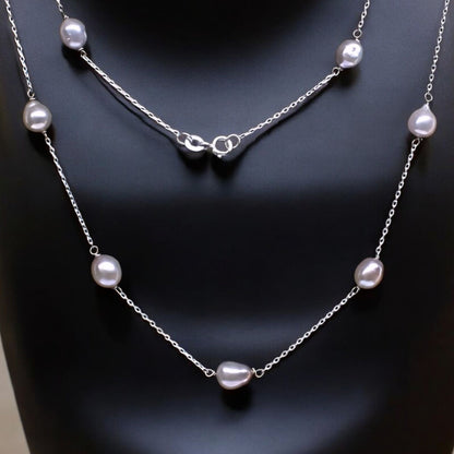 Real Sterling Silver Pink Pearl Women Stylish Necklace chain 18.5"