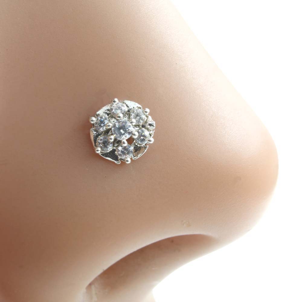 Real Silver Nose Ring with White Shiny Stones for women