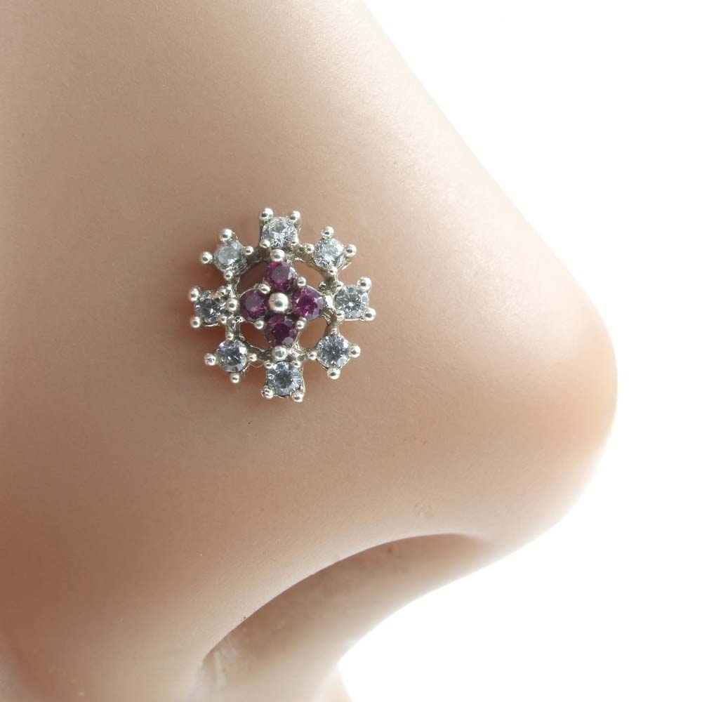 Real Silver Nose Ring with White and pink Shiny Stones for women