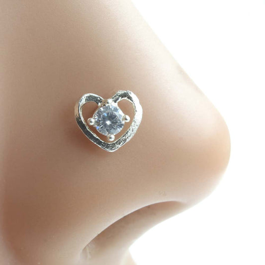 Heart shape Nose Pin With One White stone