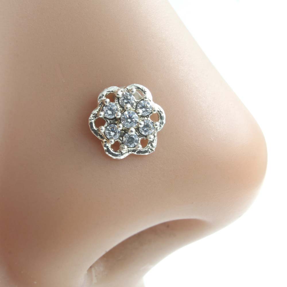 925 Real Sterling Silver white stone Nose pin