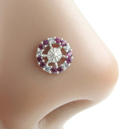 Real Silver Nose Pin With Pink and white  stones for women