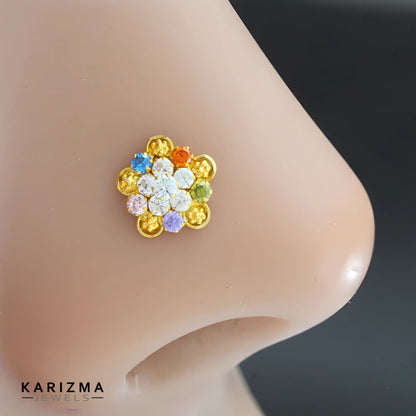 18K Real Gold Women Multicolour CZ Excellent Nose Pin nose ring Push Pin