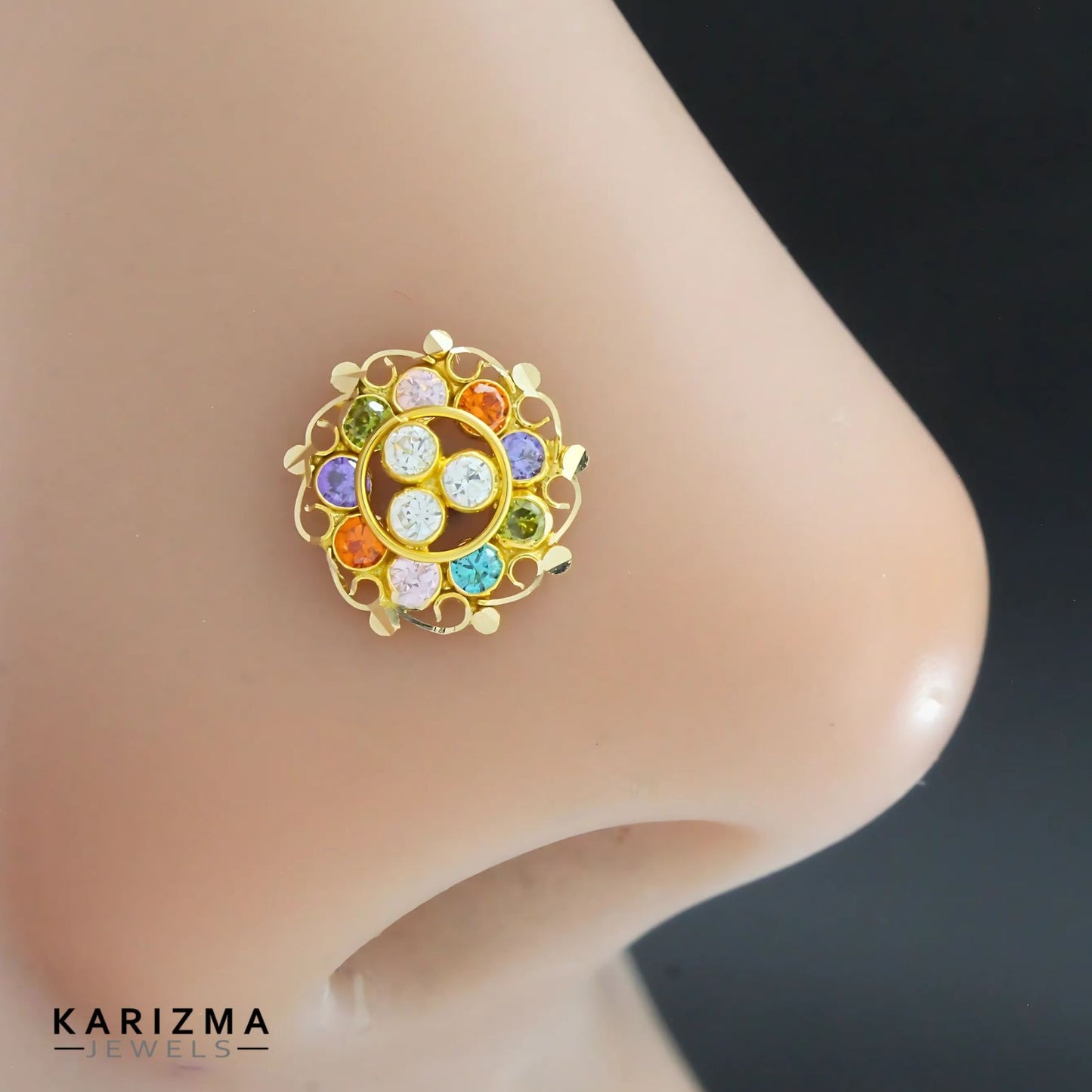 18K Real Gold Women Multicolour CZ amazing Nose Pin nose ring Push Pin