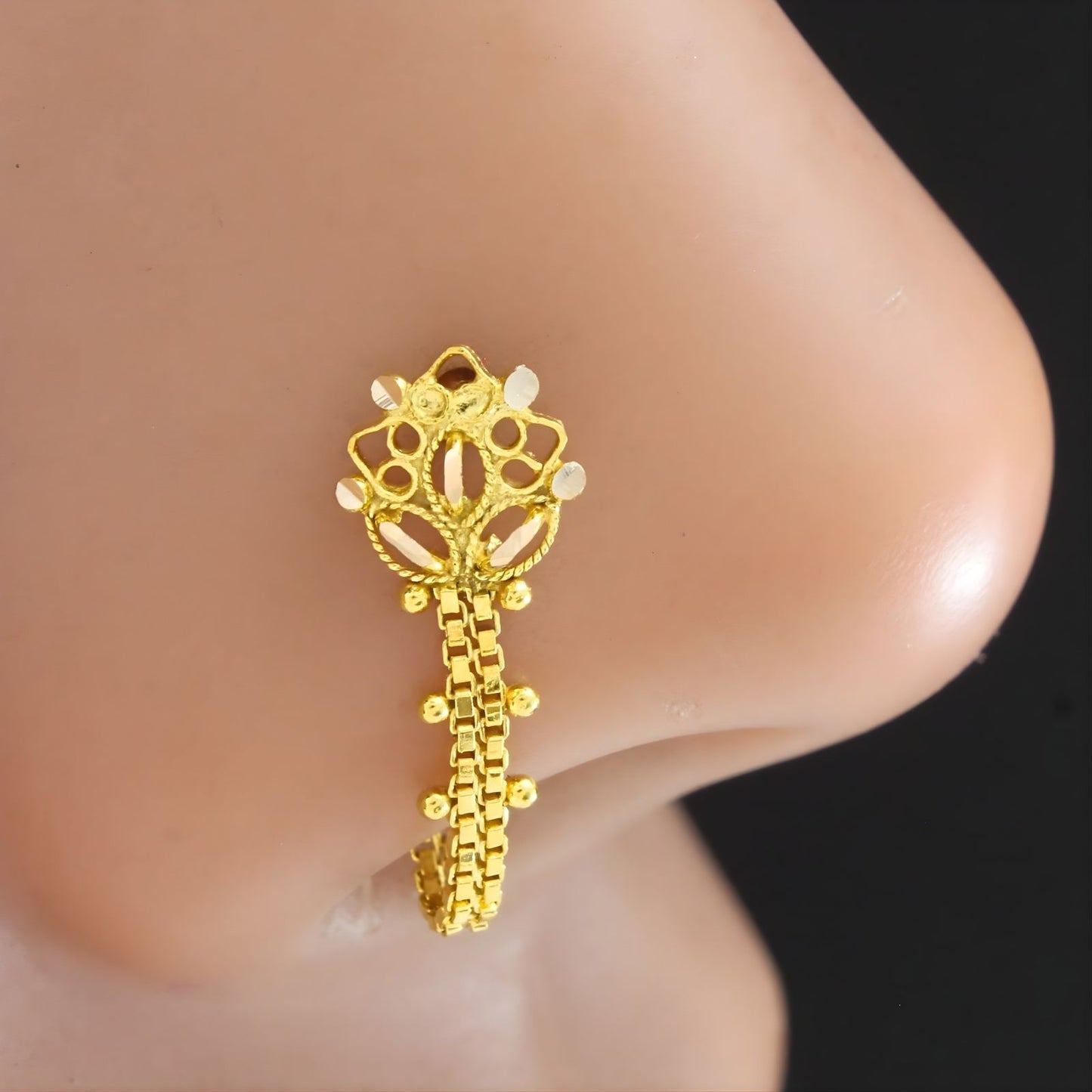 14k Real Gold Chain Style Party Wear Nose Pin