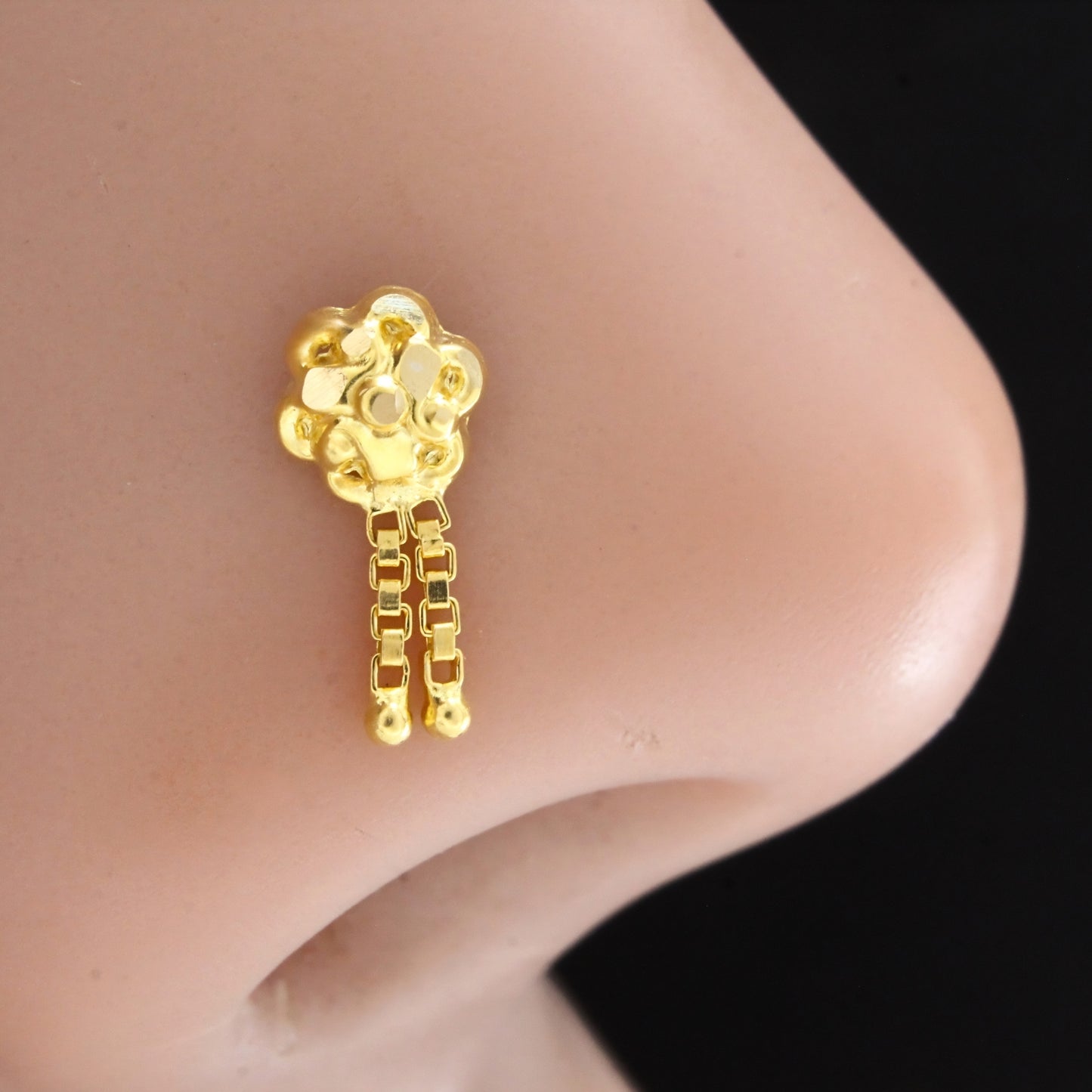 18K Real Gold Dangling Chain Push Pin Nose Stud
