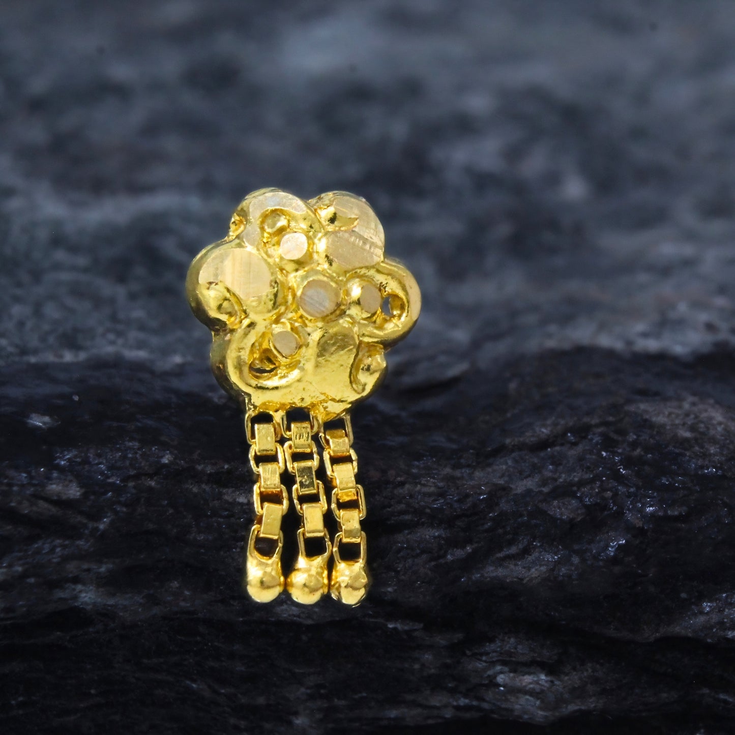 18K Real Gold Floral Cluster Triple Chain Dangle Nose Stud
