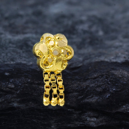 18K Real Gold Floral Cluster Triple Chain Dangle Nose Stud