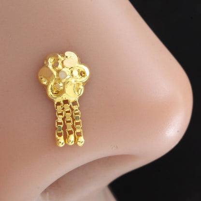 18K Real Gold Floral Cluster Triple Chain Dangle Nose Stud