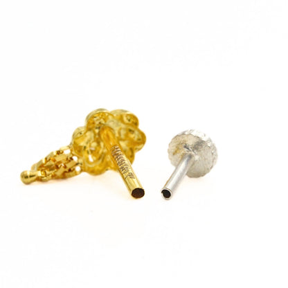18K Real Gold Floral Cluster Triple Chain Dangle Nose Stud