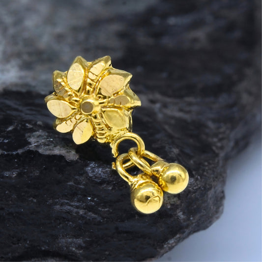 Floral Dangle 18K Real Gold Push Pin Nose Stud