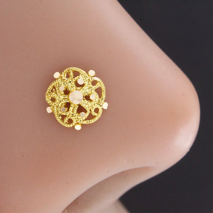 18K Real Gold Intricate Floral Filigree Nose Stud