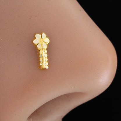 Daily wear Vertical Flower 18K Real Gold Push Pin Nose Stud