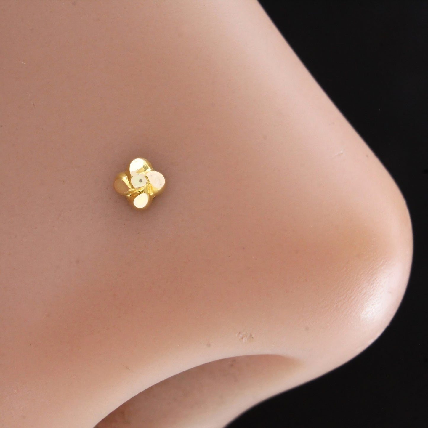 Tiny 18K Real Gold Four-Leaf Clover Push Pin Nose Stud