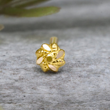 18K Real Gold Elegant Floral Twist Push Pin Nose Stud