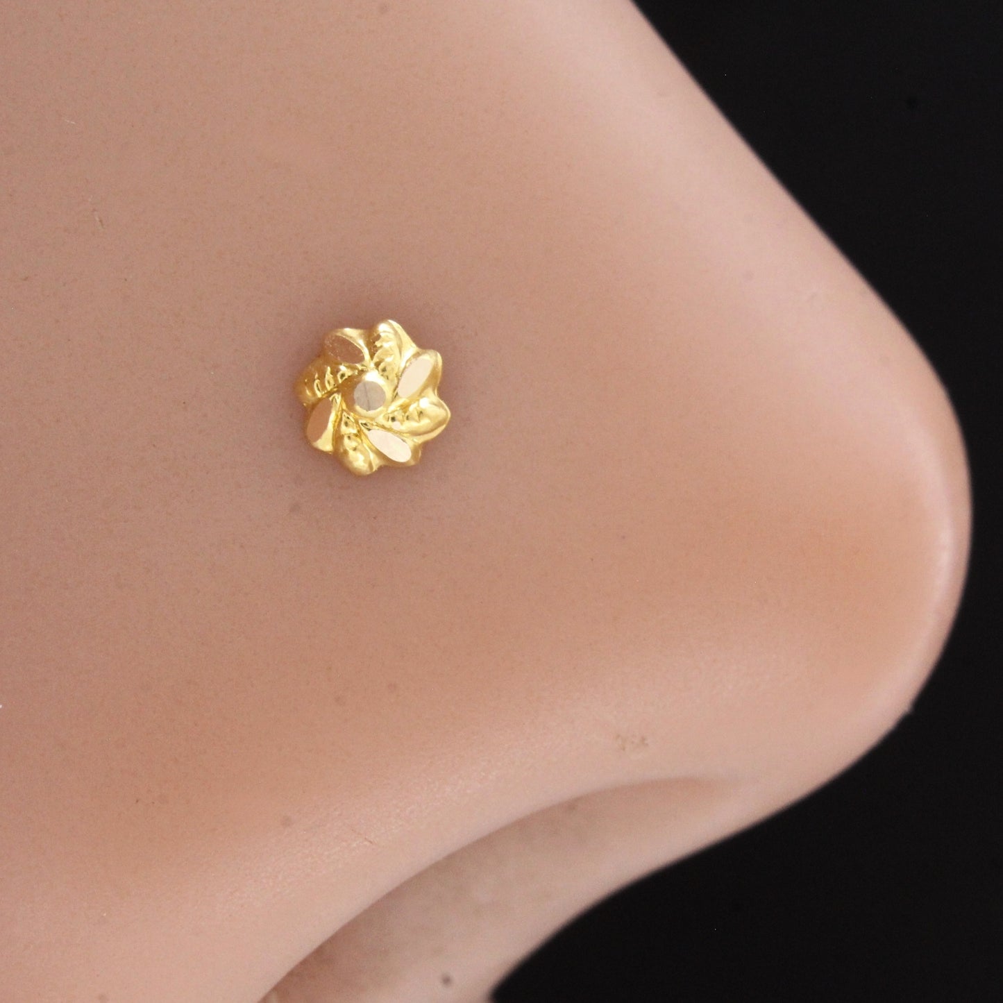 18K Real Gold Elegant Floral Twist Push Pin Nose Stud