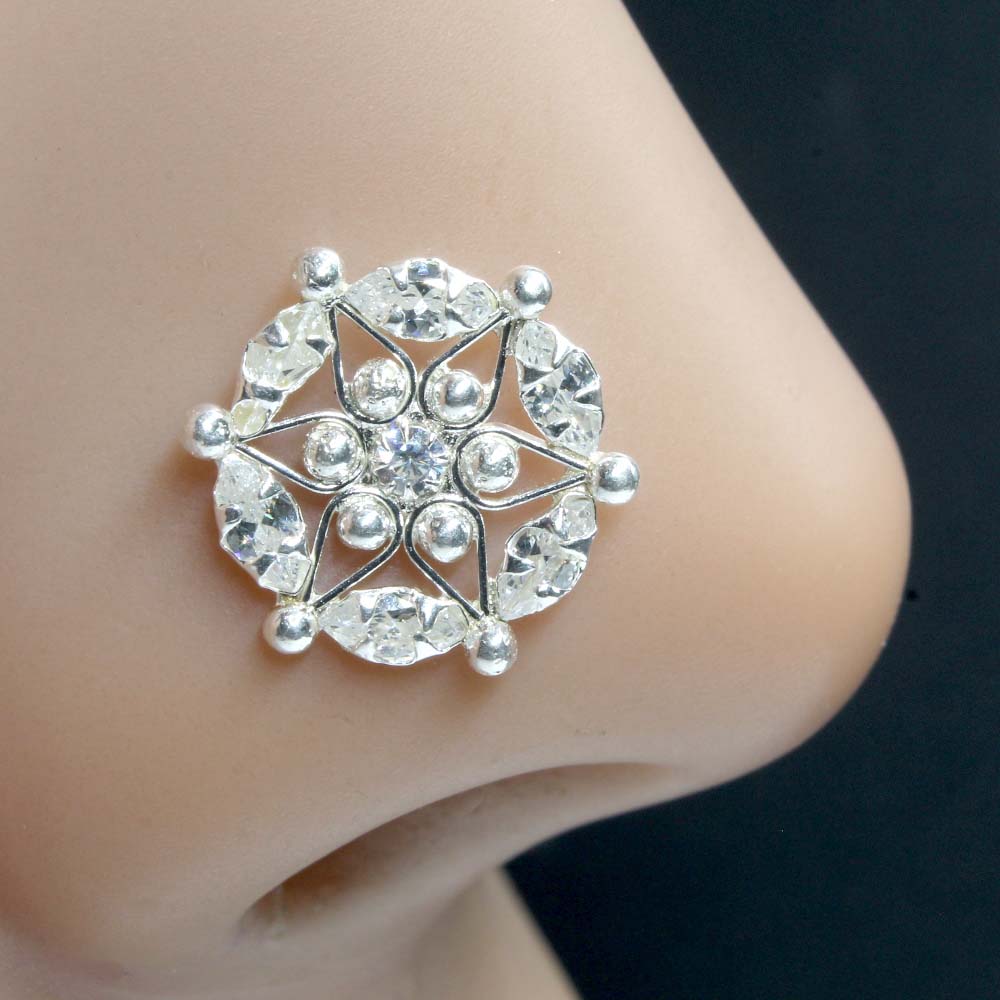 Real Silver Nose Ring with White Shiny Stones for women