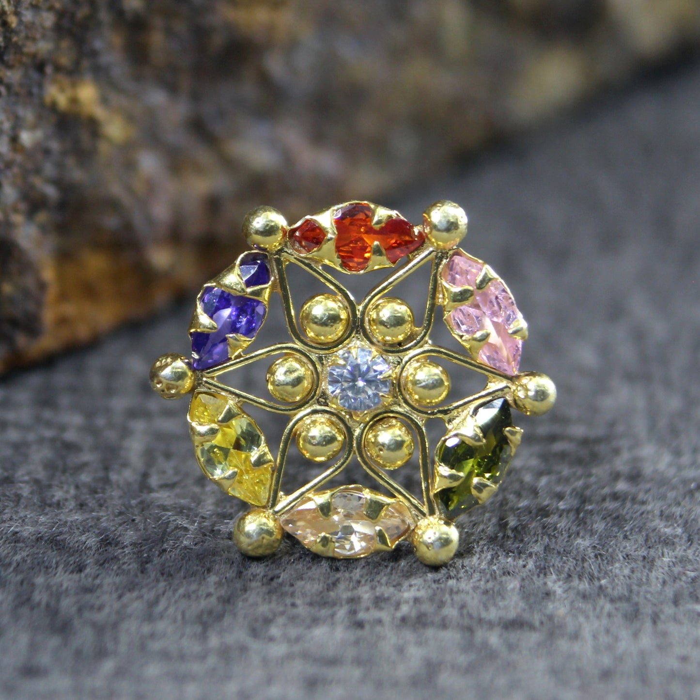 Women Silver Nose Pin With Multiple-color stones