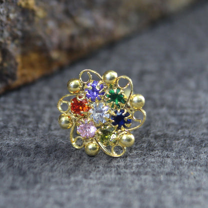 Women Silver Nose Pin With Multiple-color stones