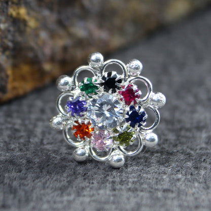 Women Silver Nose Pin With Multiple-color stones