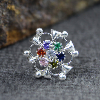 Women Silver Nose Pin With Multiple-color stones