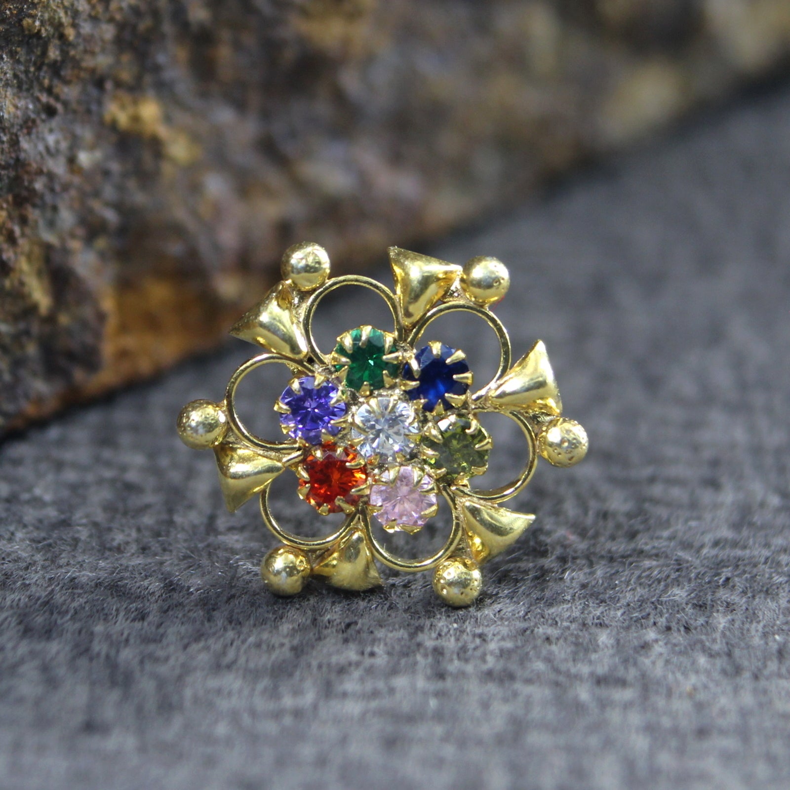 Women Silver Nose Pin With Multiple-color stones