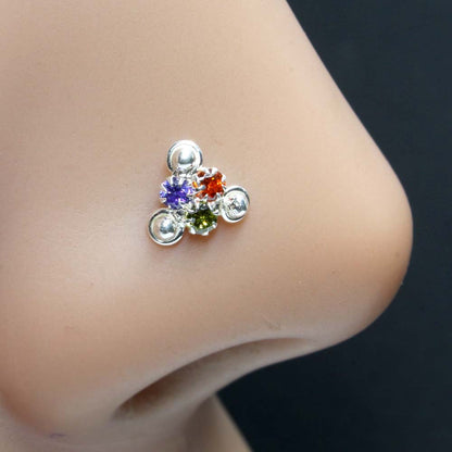 silver Nose pin with multi-color stones