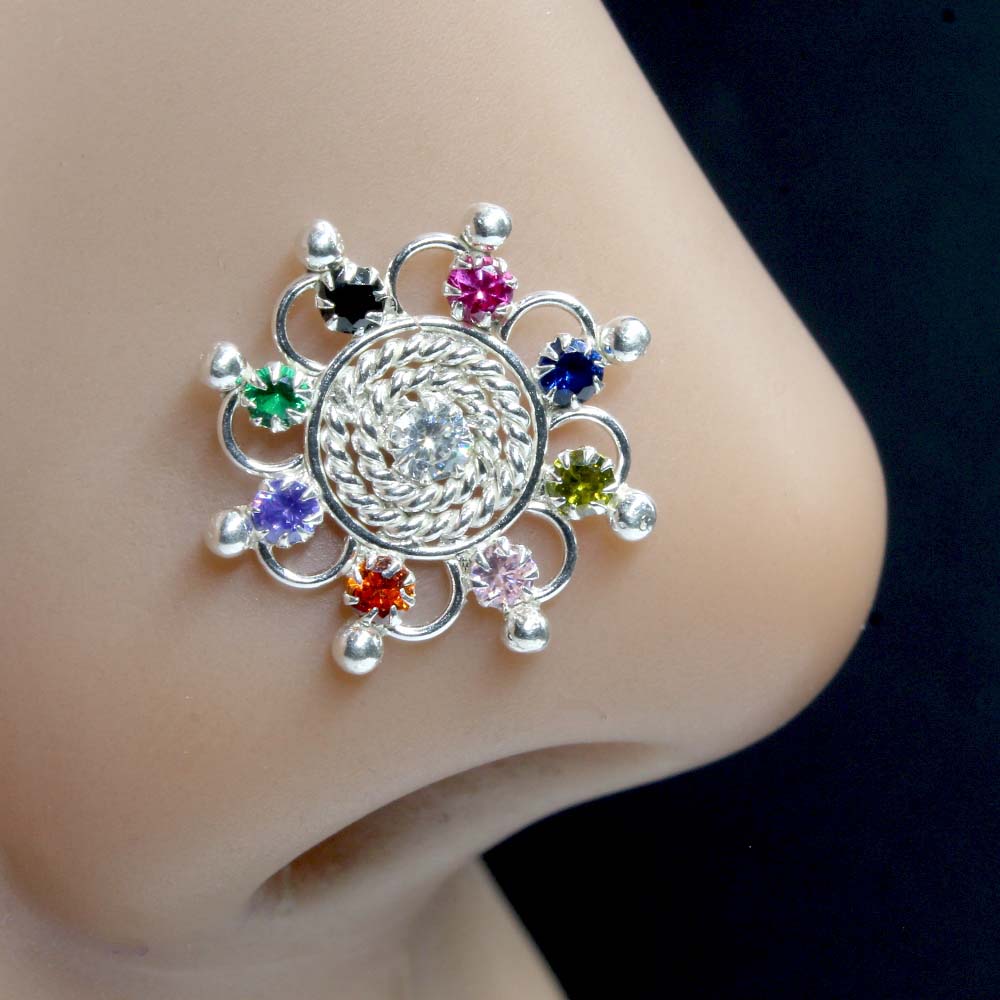 Real Silver Nose Ring with Multiple Shiny Stones for women