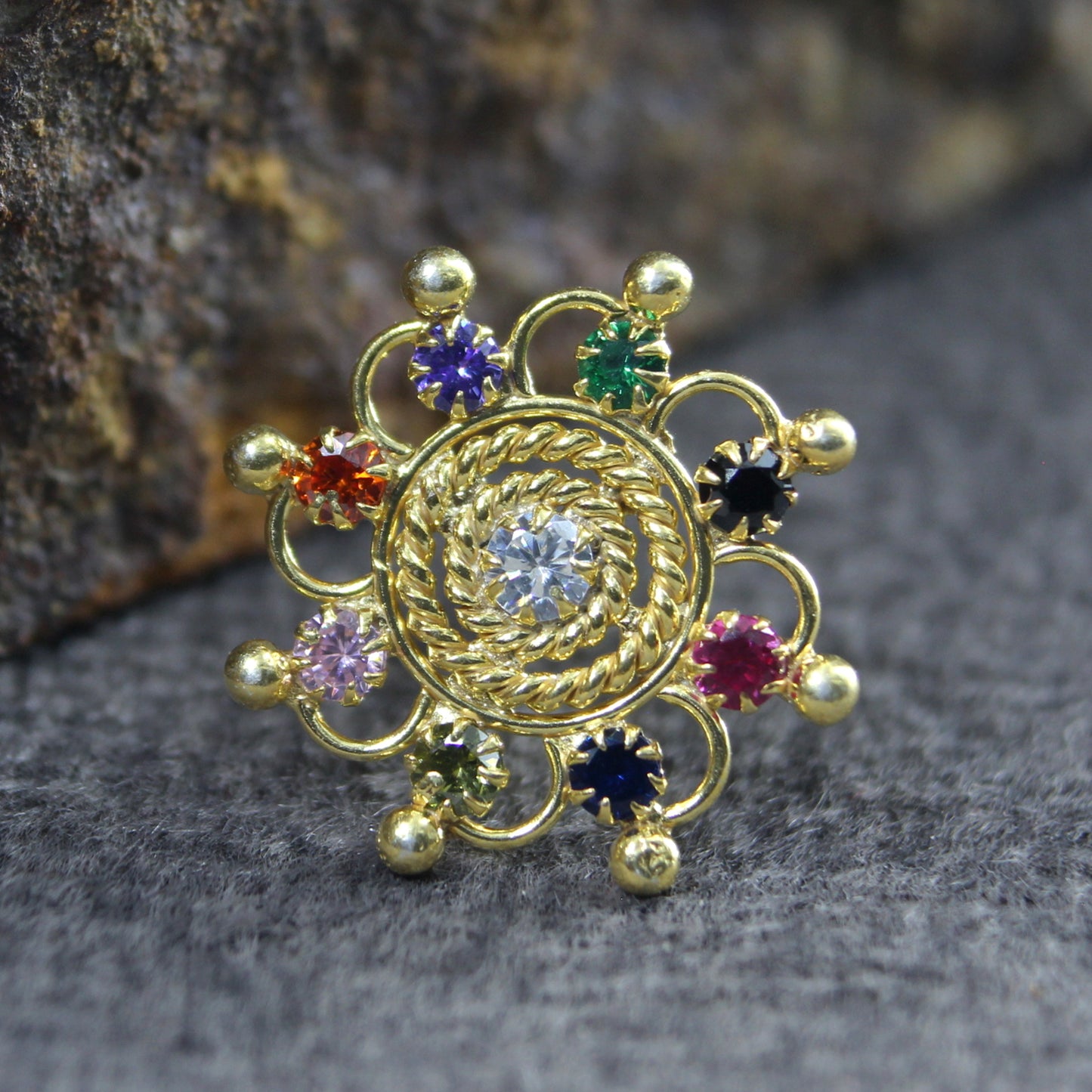 Women Silver Nose Pin With Multiple-color stones