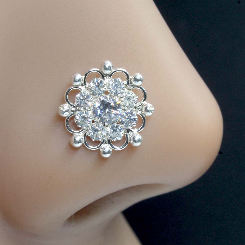 Real Silver Nose Ring with White Shiny Stones for women