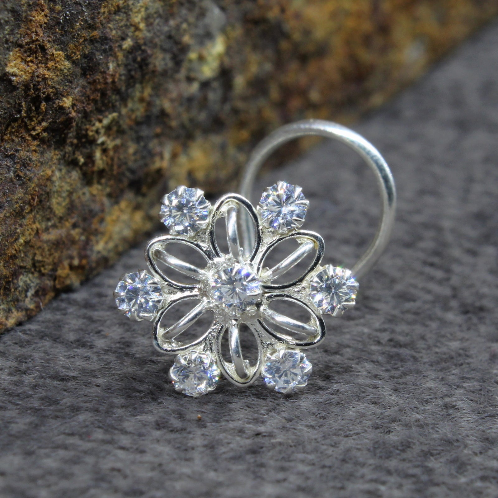 Ethnic Style Sterling Silver White CZ  nose ring