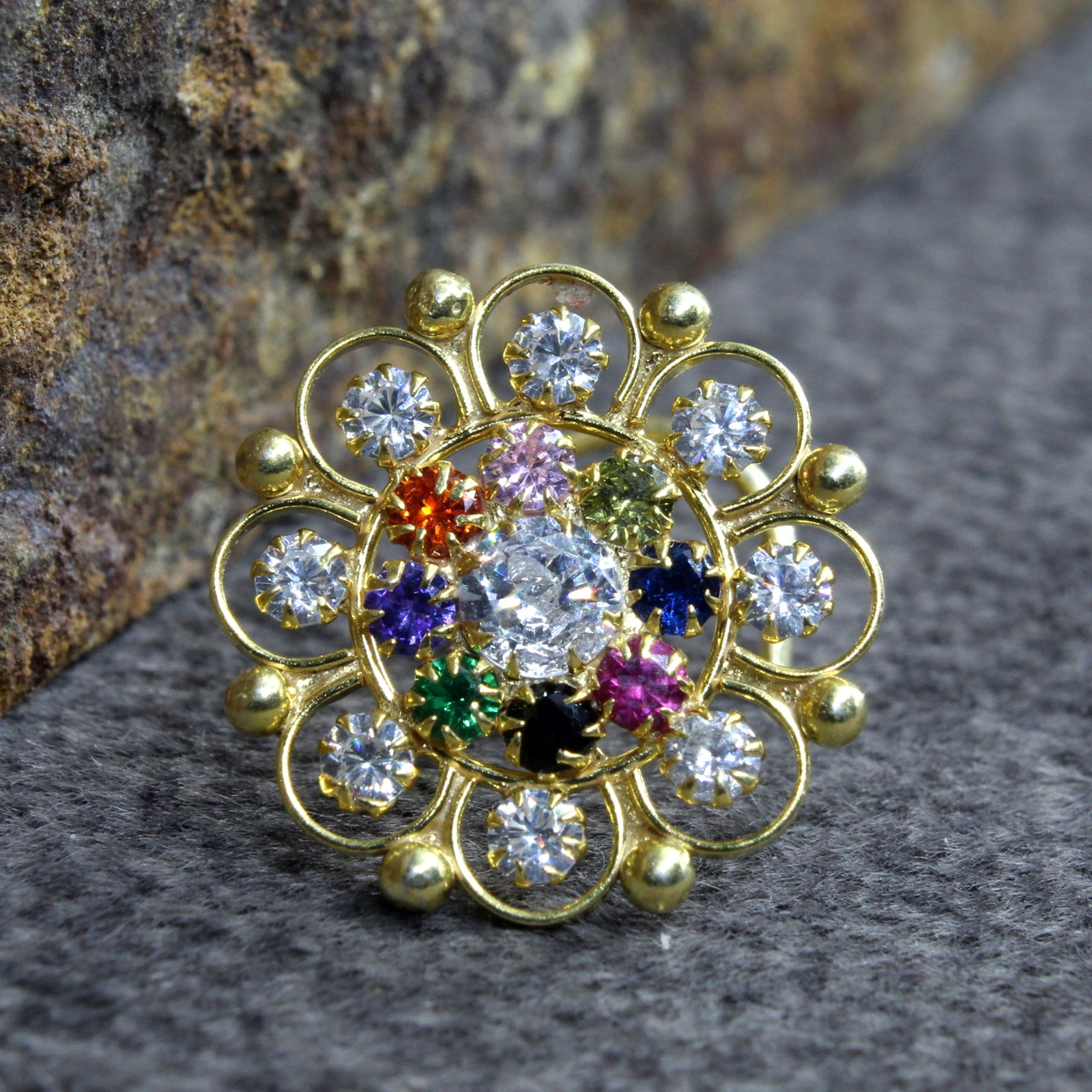 Floral Design Sterling Silver Nose pin with Multi-color stones in Twisted  Style