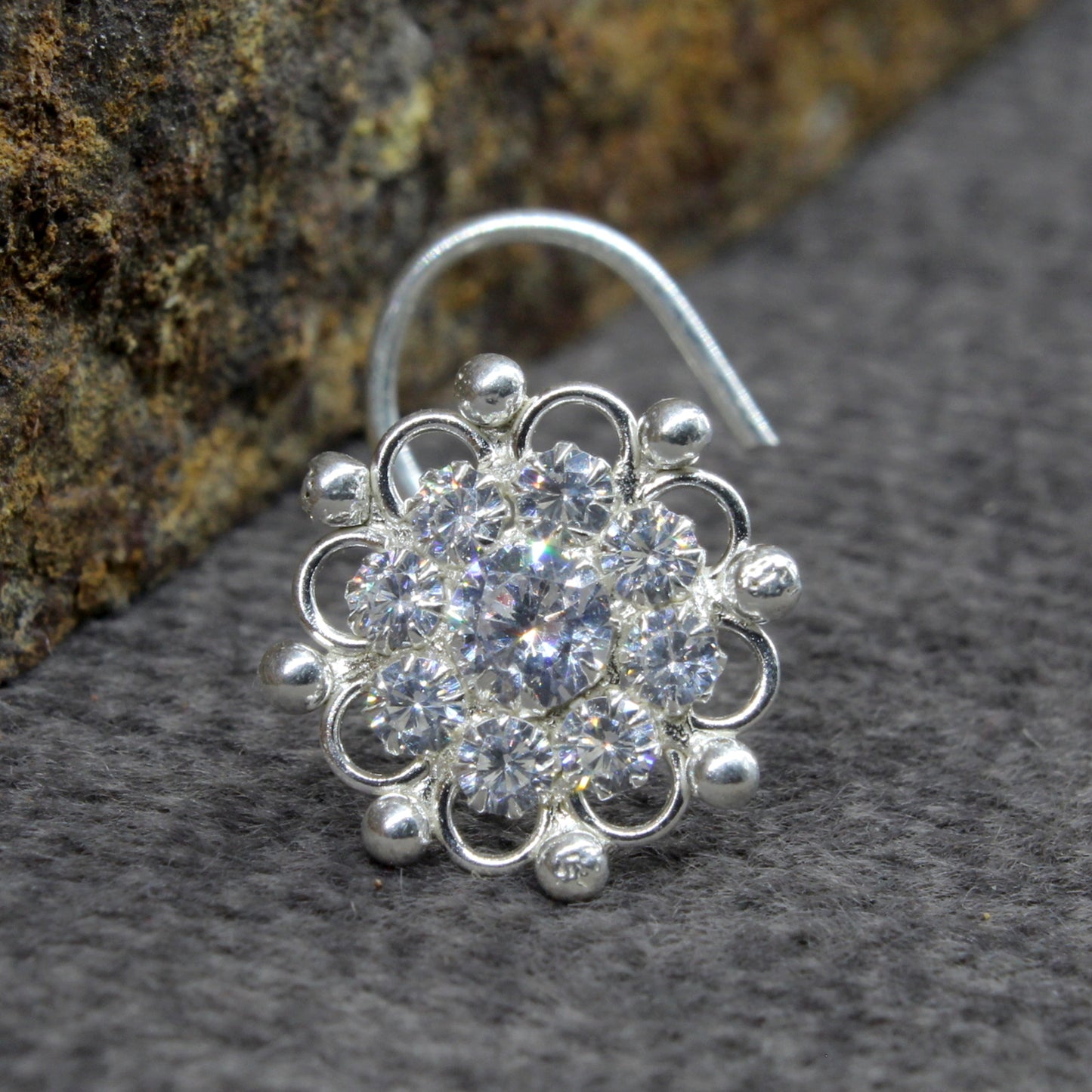 Sterling Silver Nose pin with White stones for Women in fabulous vintage look in Twisted style