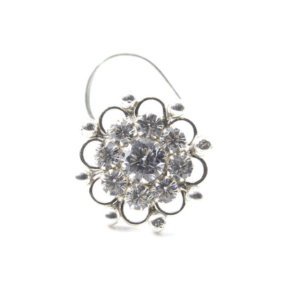 Sterling Silver Nose pin with White stones for Women in fabulous vintage look in Twisted style