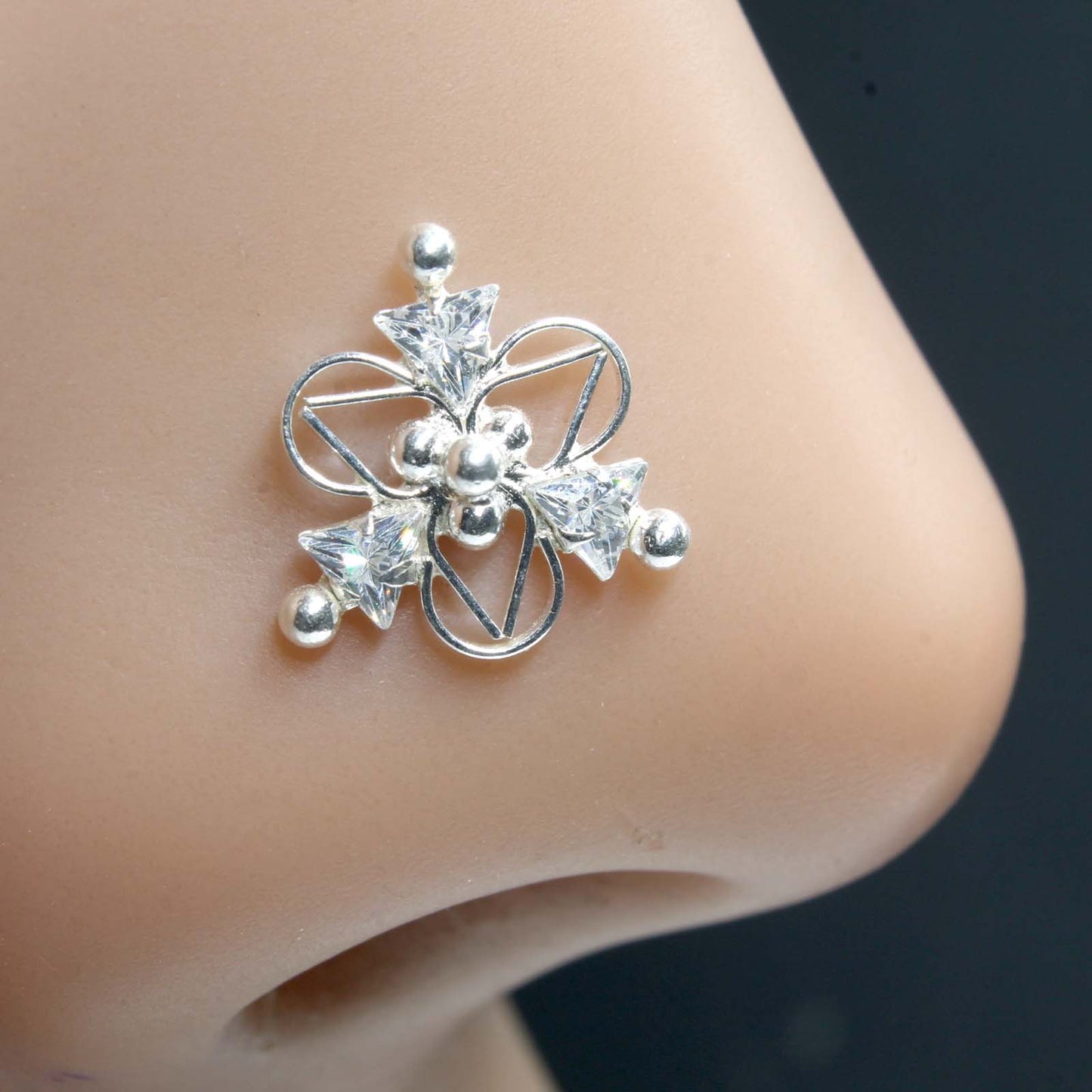 Indian Real Sterling Silver White CZ Women party wear Corkscrew nose ring 22g