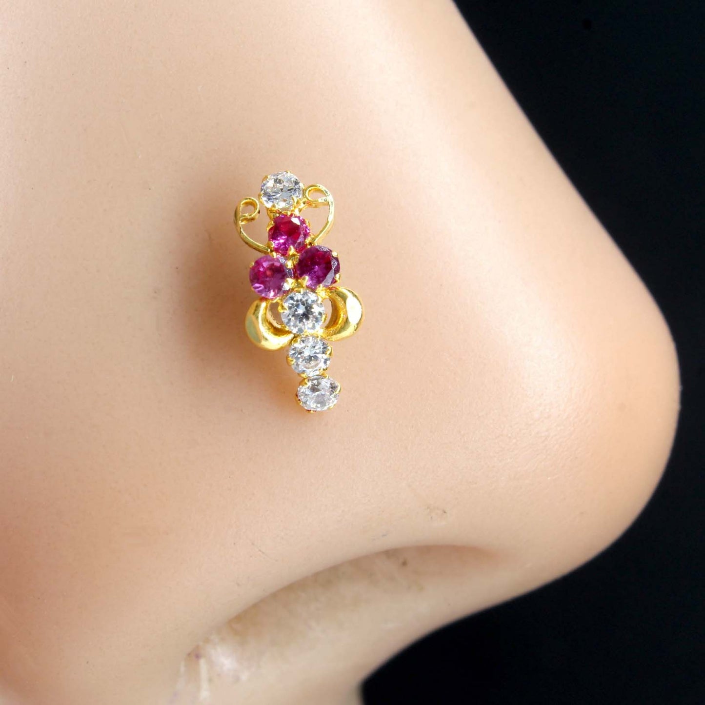 18K Real Gold Pink White CZ Nose stud nose ring