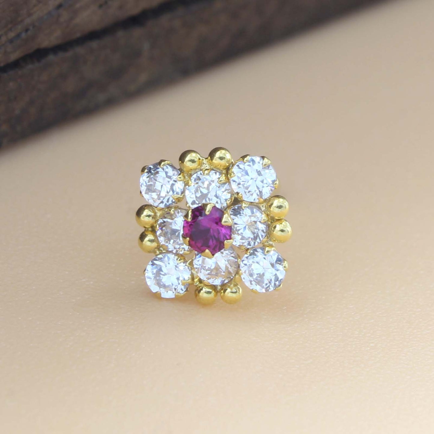 18K Real Gold Pink White CZ Nose stud