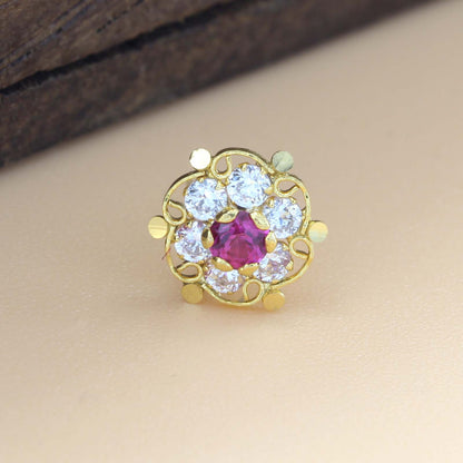 Floral 18K Real Gold Pink White CZ Nose stud