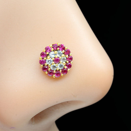 Gold Plated Nose Stud Pink White CZ Twisted nose ring 22g